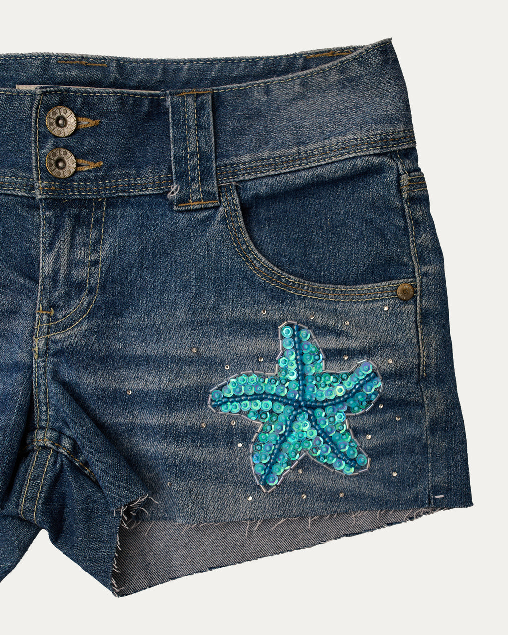 Reworked Denim Sequin Shorts - Celeste (sz 8 AU)