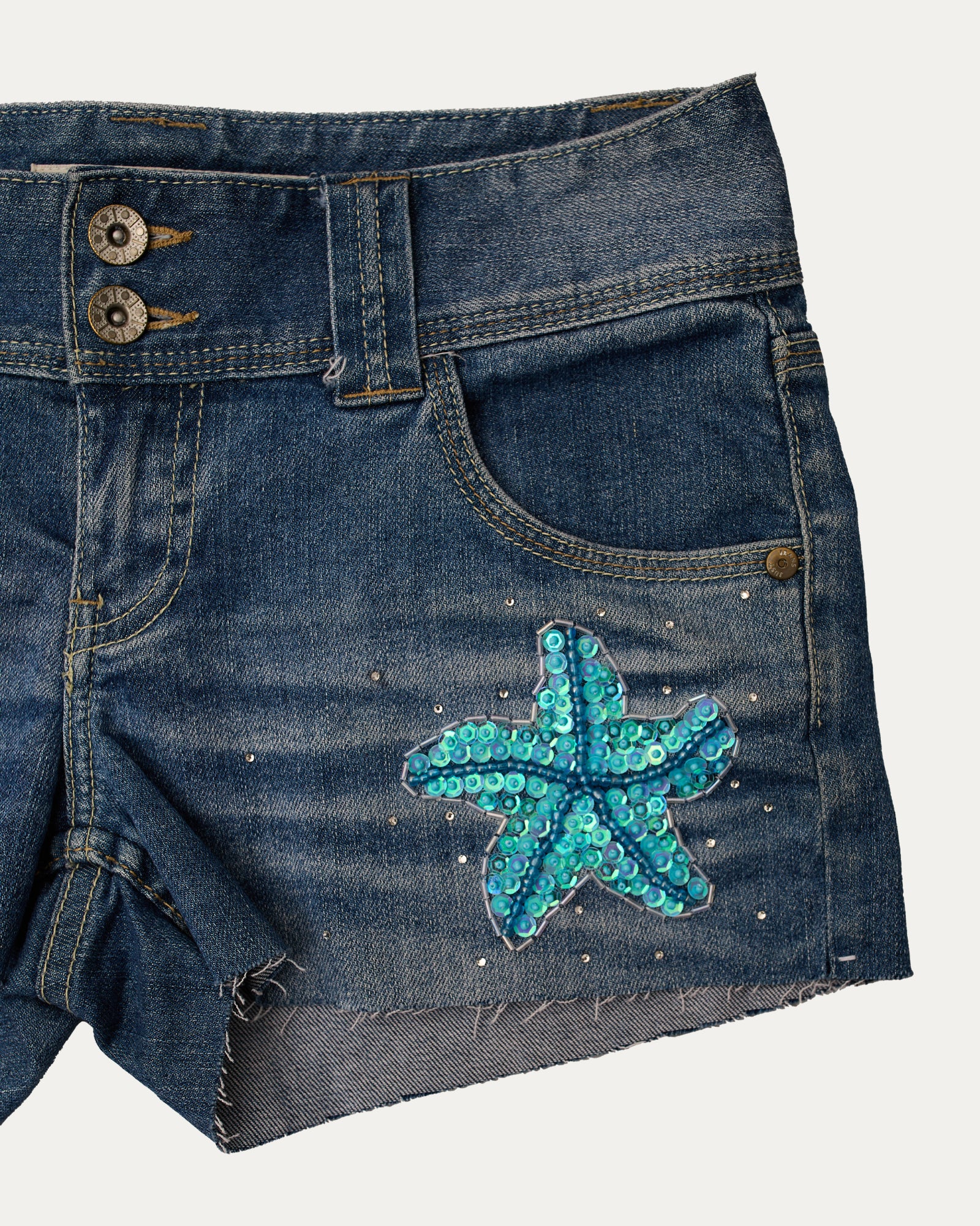 Reworked Denim Sequin Shorts - Celeste (sz 8 AU)